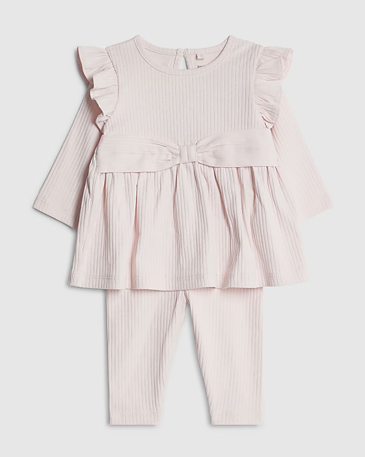 Baby Girls Cream Ribbed Bow Top Set
