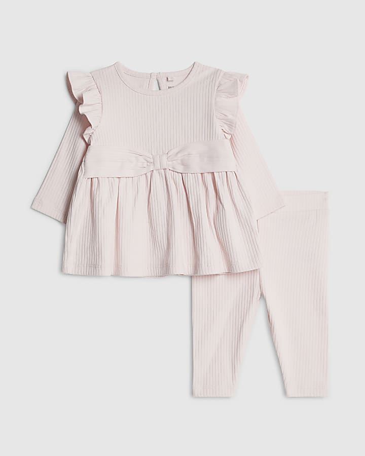 Baby Girls Cream Ribbed Bow Top Set