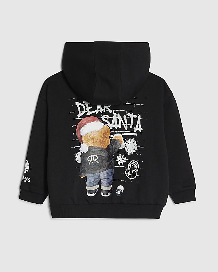 Mini Boys Black Dear Santa Bear Hoodie