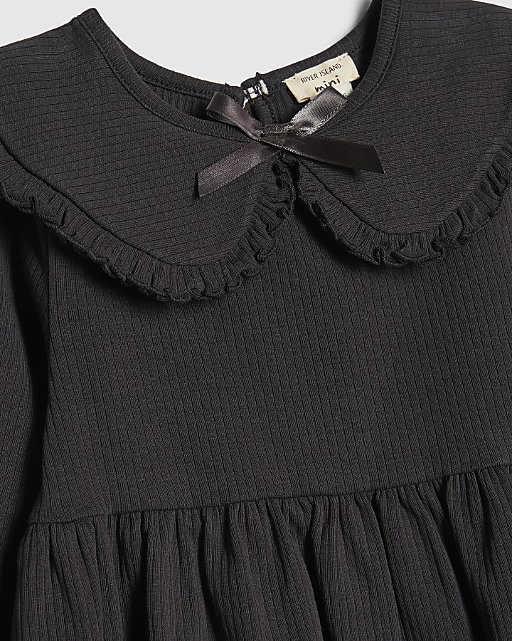 Mini Girls Black Rib Collar Top Set