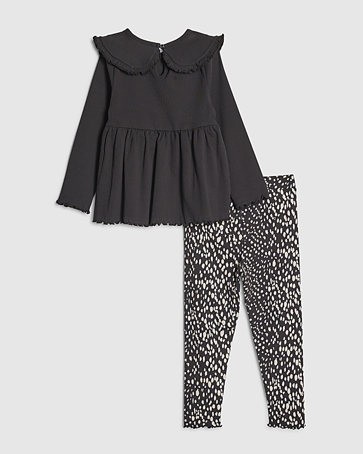 Mini Girls Black Rib Collar Top Set