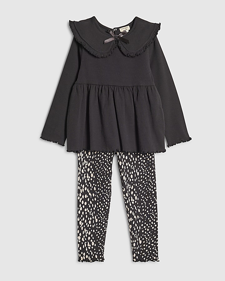 Mini Girls Black Rib Collar Top Set