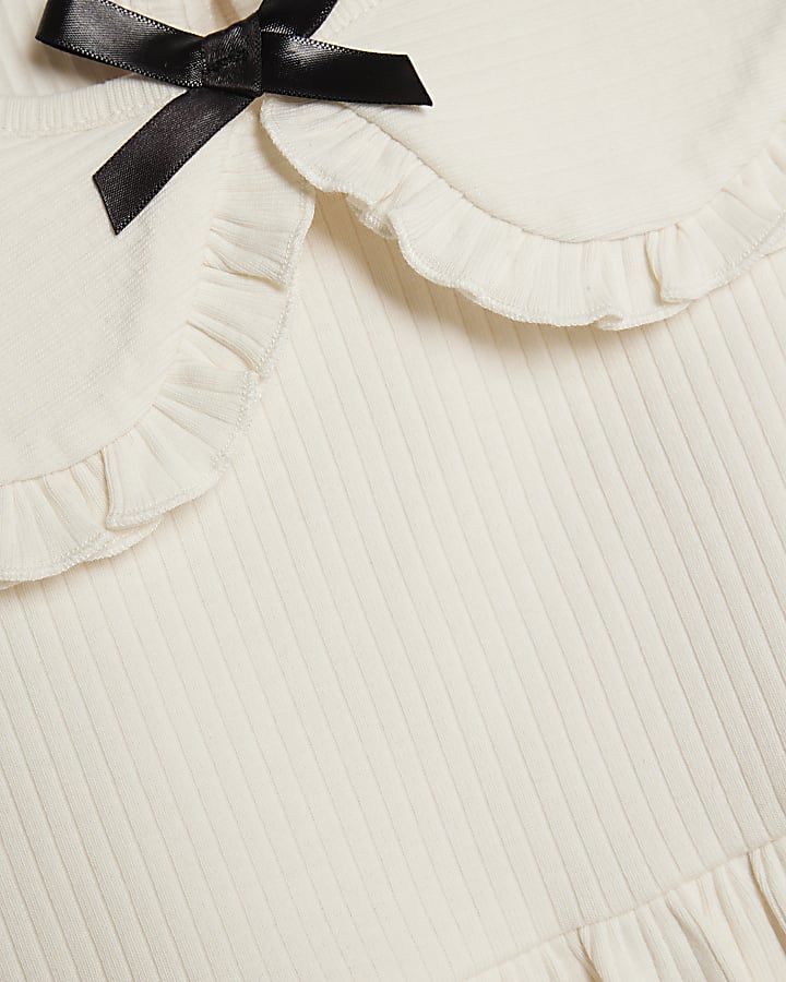 Mini Girls Cream Rib Collar Top Set