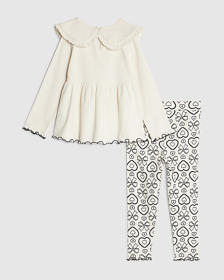 Mini Girls Cream Rib Collar Top Set