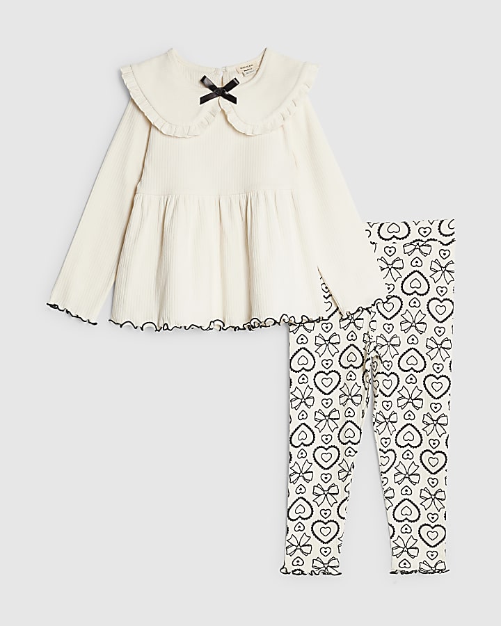 Mini Girls Cream Rib Collar Top Set