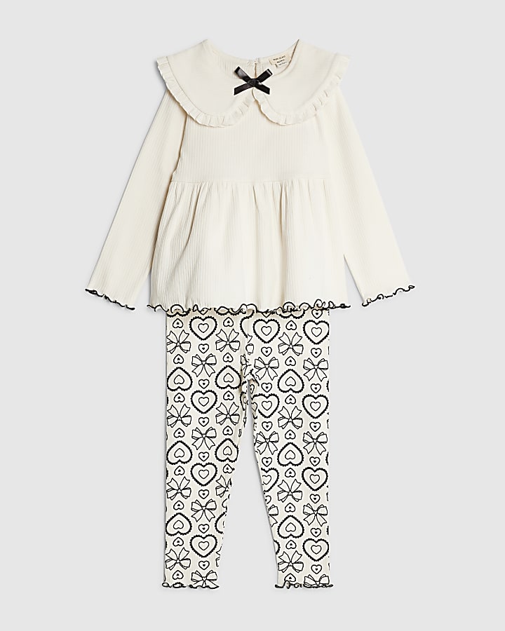 Mini Girls Cream Rib Collar Top Set