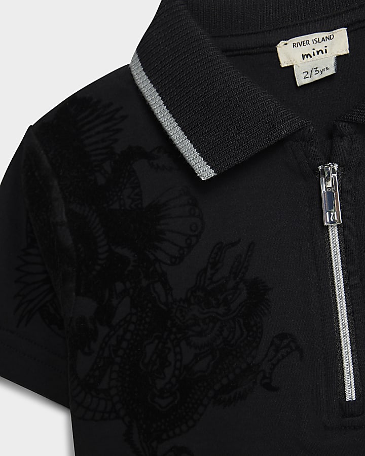 Mini Boys Black Dragon And Lion Polo Shirt