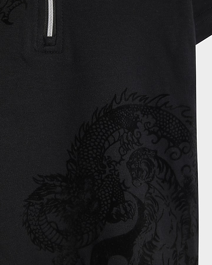 Mini Boys Black Dragon And Lion Polo Shirt