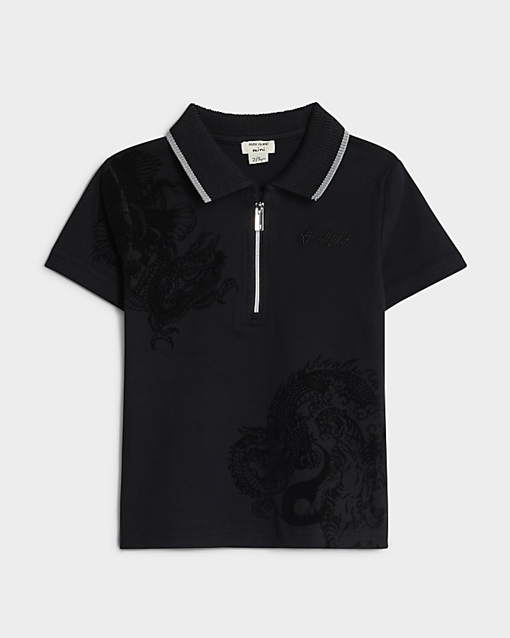 Mini Boys Black Dragon And Lion Polo Shirt