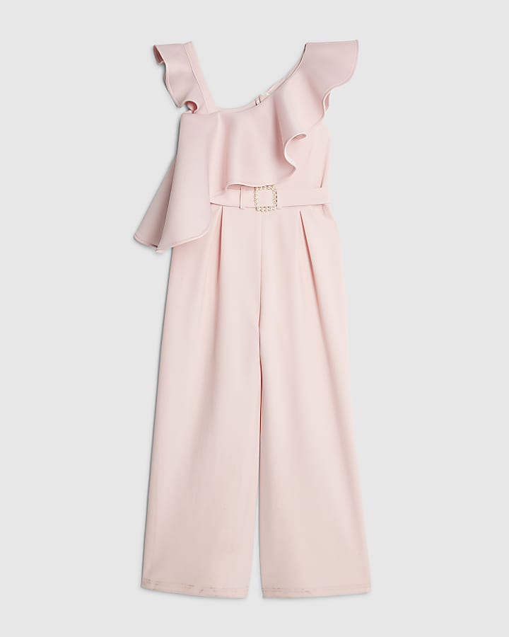 Girls Pink Asymmetric Frill Jumpsuit