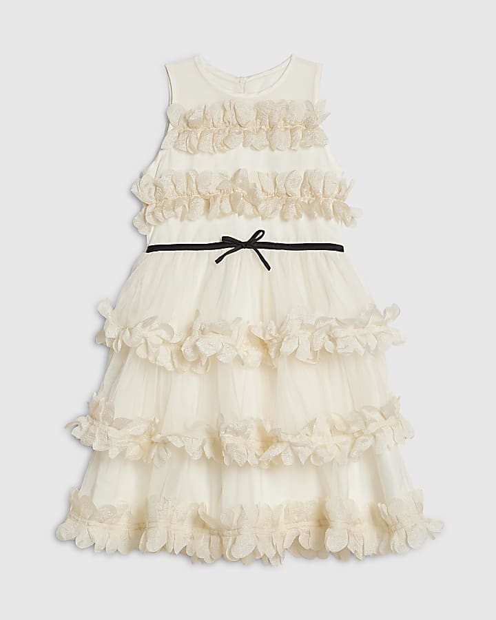 Girls Beige Tiered Tulle Dress