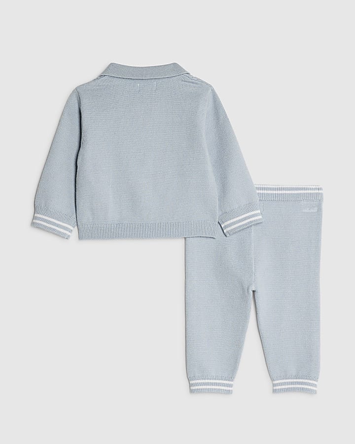 Baby Boys Blue Knitted Stripe Polo Shirt Set
