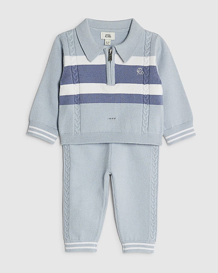 Baby Boys Blue Knitted Stripe Polo Shirt Set