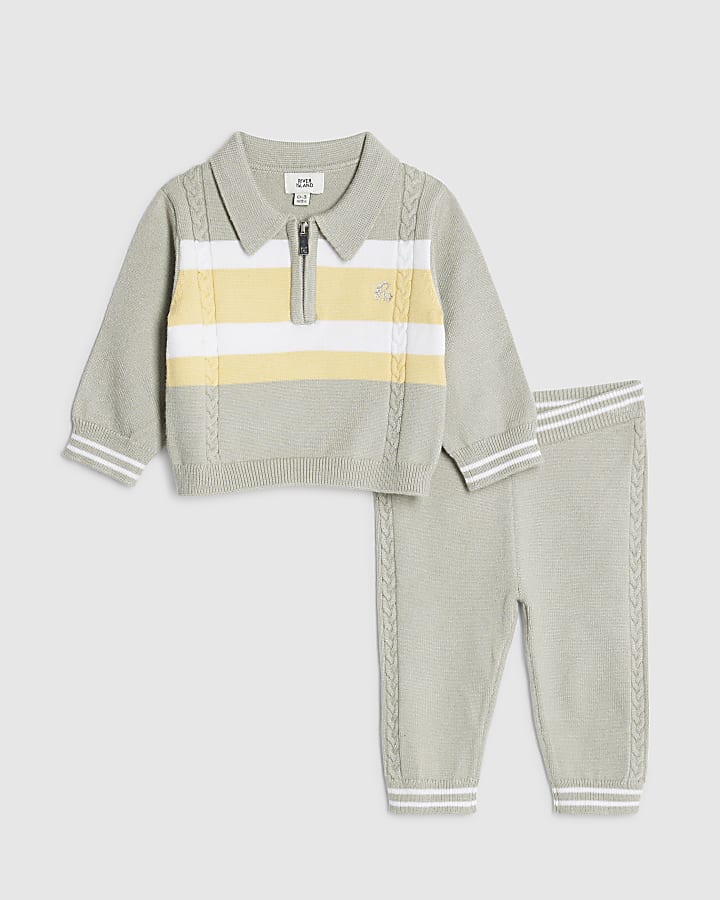 Baby Boys Green Knitted Stripe Polo Shirt Set