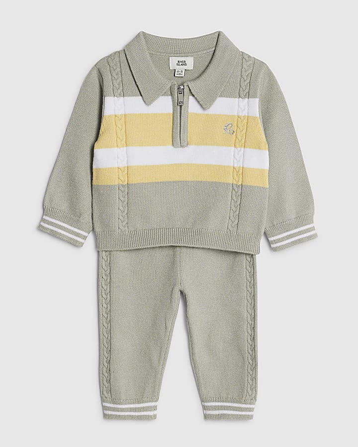 Baby Boys Green Knitted Stripe Polo Shirt Set