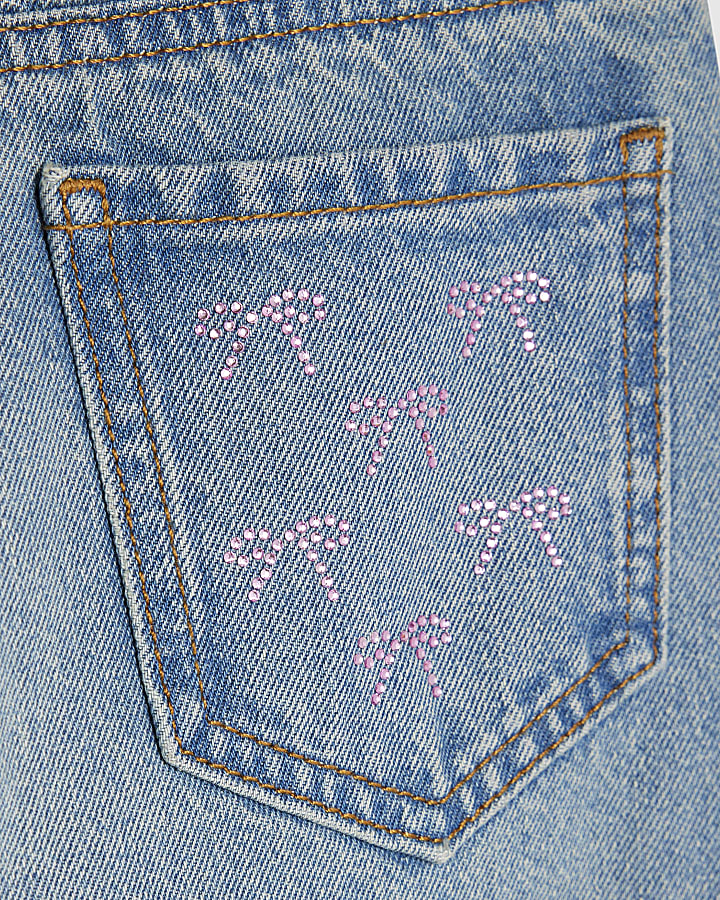 Girls Blue Bow Embellished Straight Jeans