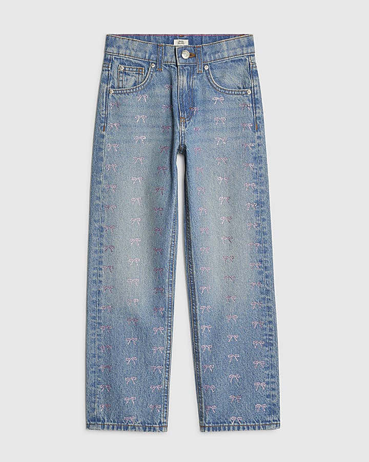 Girls Blue Bow Embellished Straight Jeans