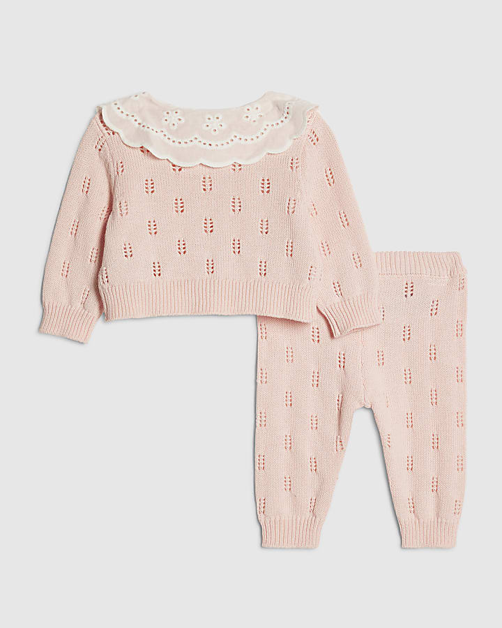 Baby Girls Pink Broderie Daisy Knit Top Set