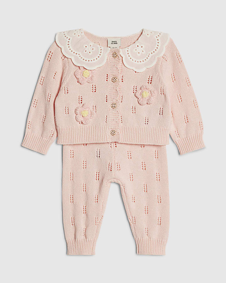 Baby Girls Pink Broderie Daisy Knit Top Set