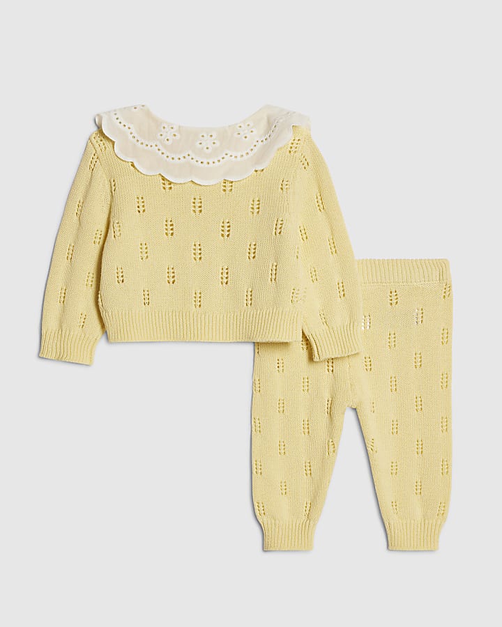 Baby Girls Yellow Broderie Daisy Knit Top Set