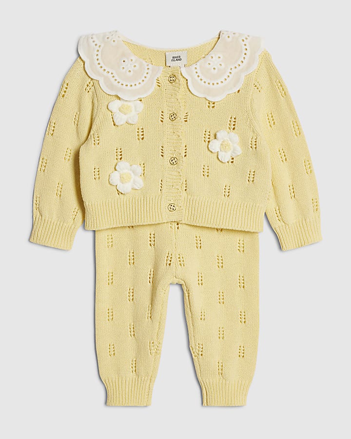 Baby Girls Yellow Broderie Daisy Knit Top Set