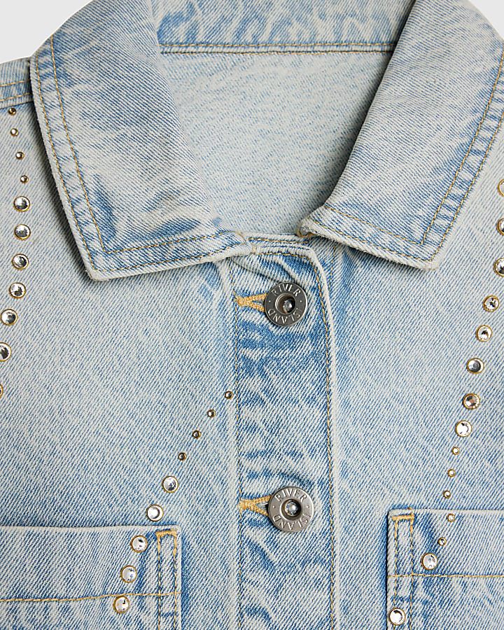 Girls Blue Embellished Denim Jacket