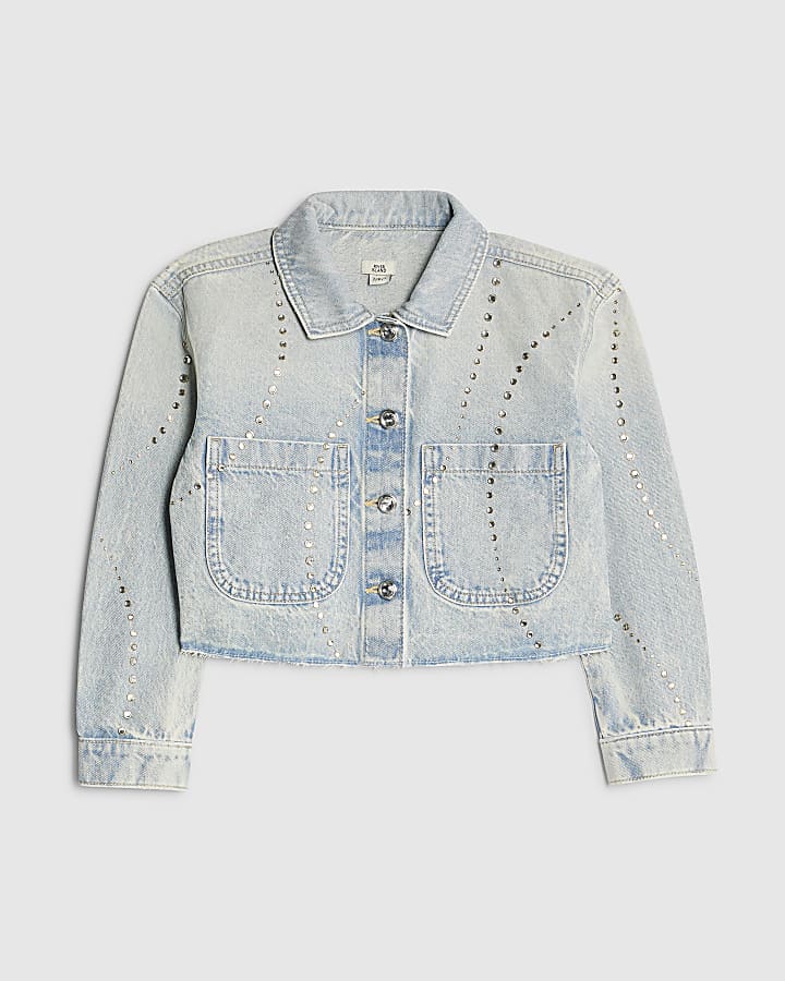 Girls Blue Embellished Denim Jacket