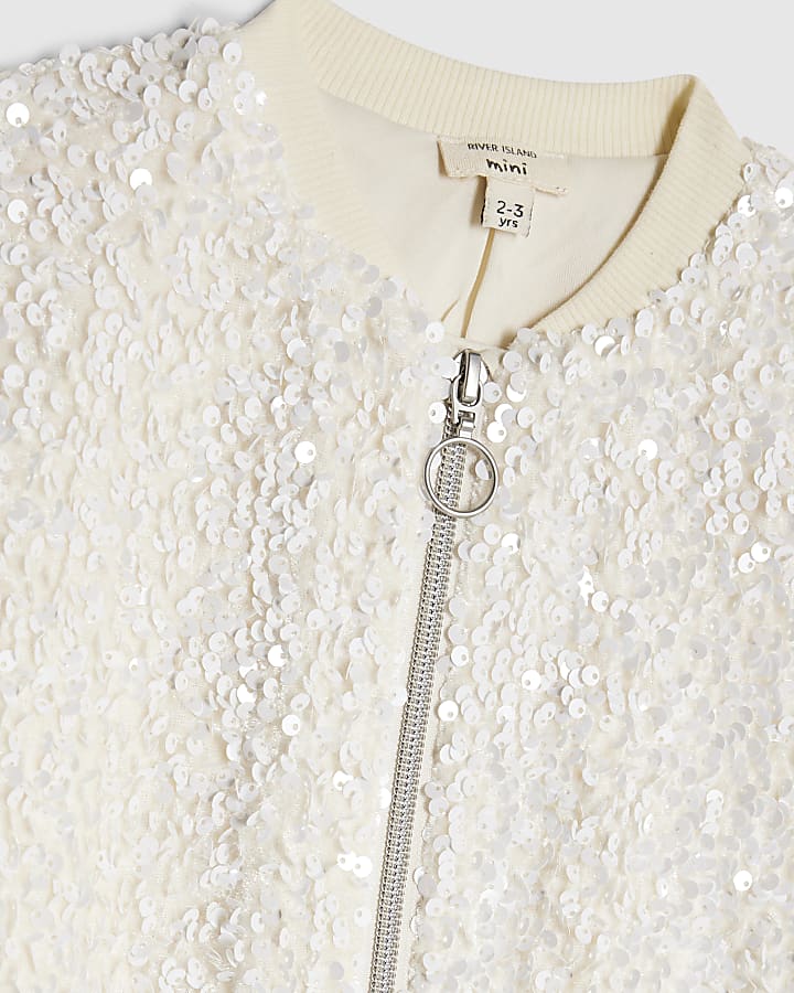 Mini Girls White Sequin Bomber Jacket