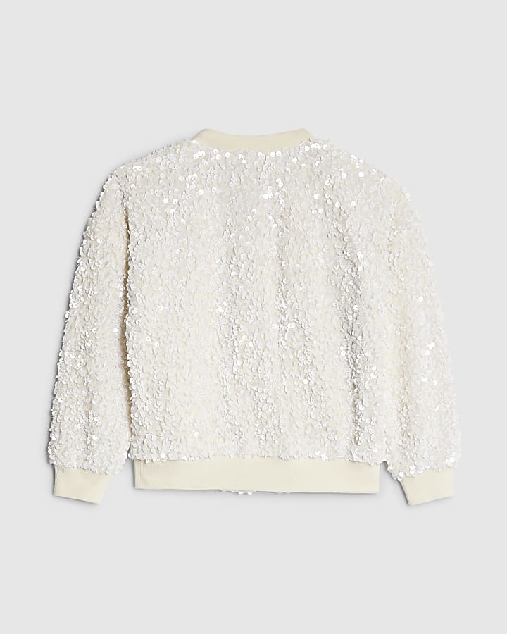 Mini Girls White Sequin Bomber Jacket