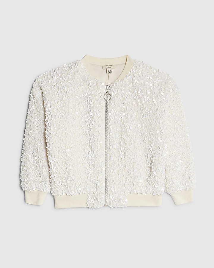 Mini Girls White Sequin Bomber Jacket