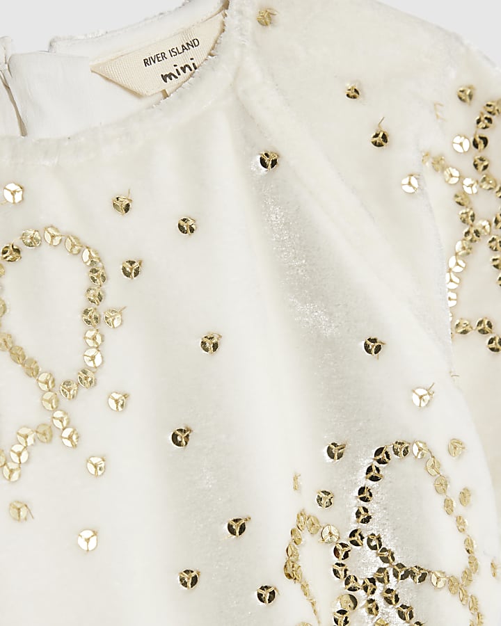 Mini Girls Cream Velvet Sequin Bow Playsuit