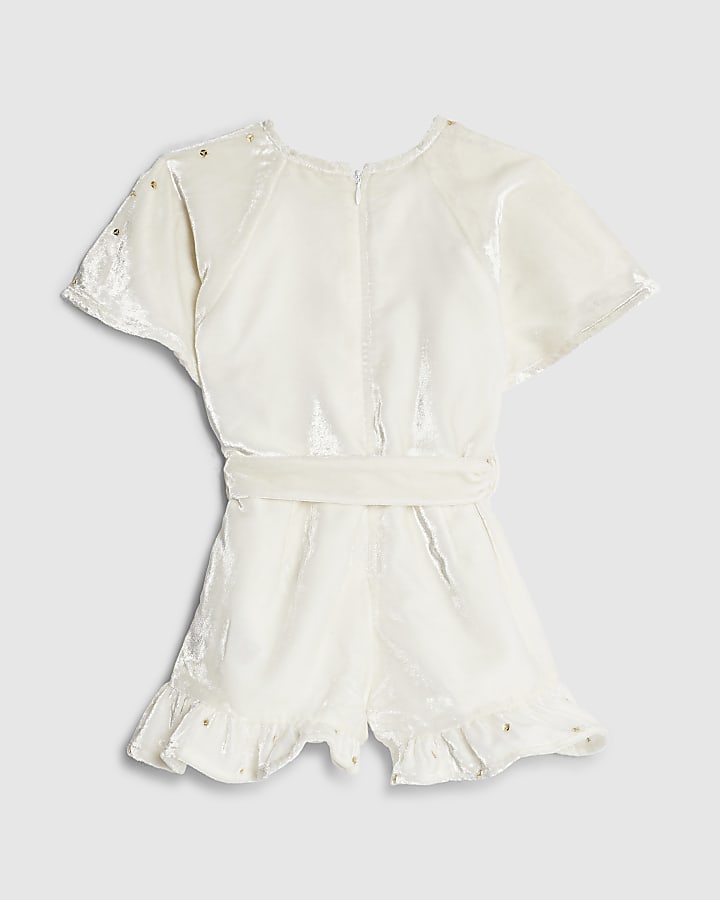 Mini Girls Cream Velvet Sequin Bow Playsuit