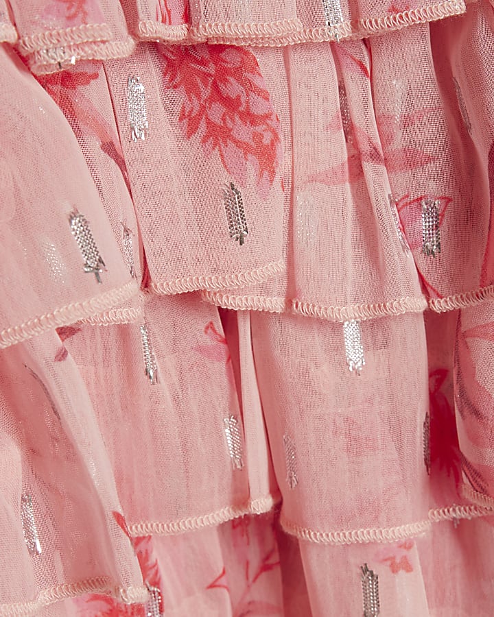 Girls Pink Floral Chiffon Hem Dress
