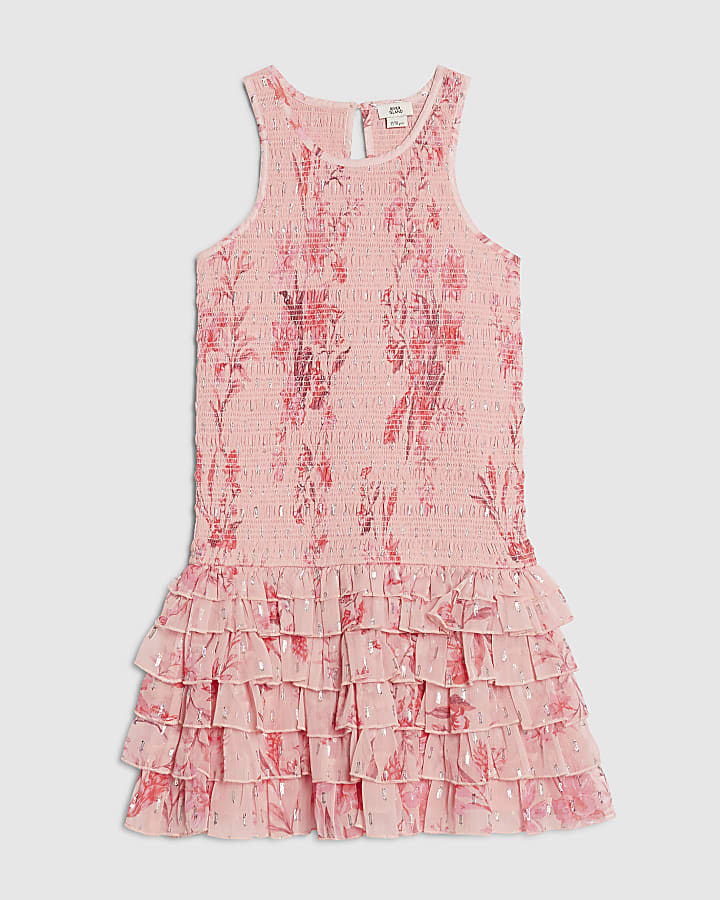 Girls Pink Floral Chiffon Hem Dress