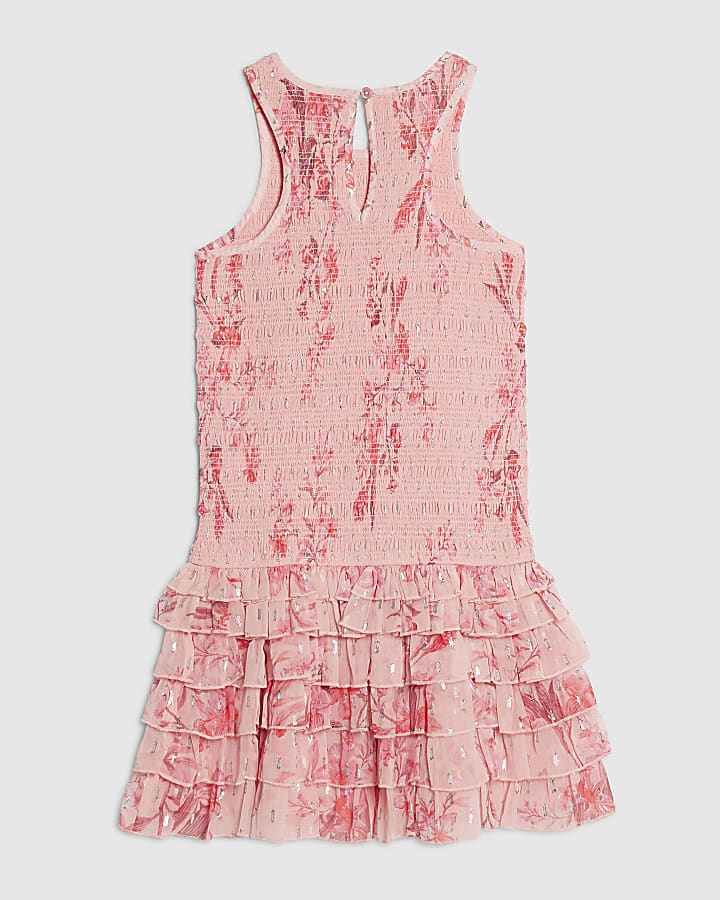 Girls Pink Floral Chiffon Hem Dress