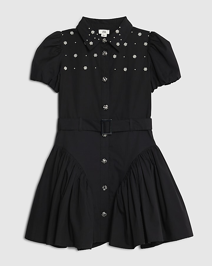 Girls Black Embellished Shirt Dress
