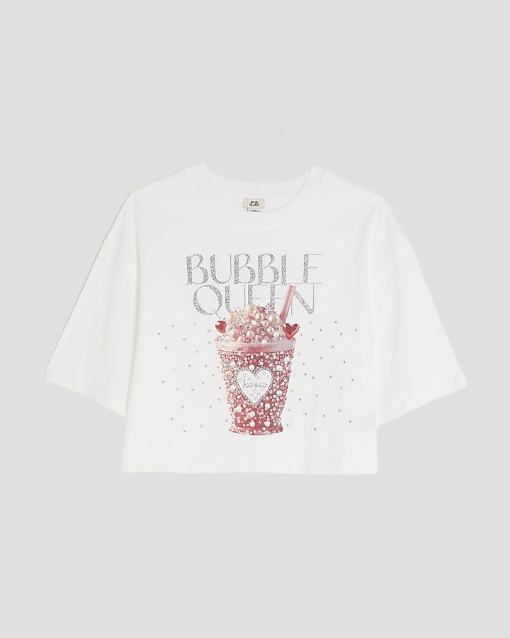 Girls White Bubble Queen Cropped T-Shirt
