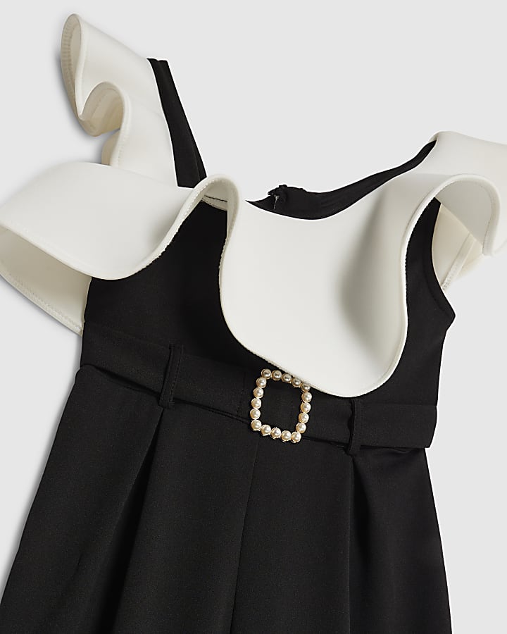 Girls Black Asymmetric Frill Jumpsuit