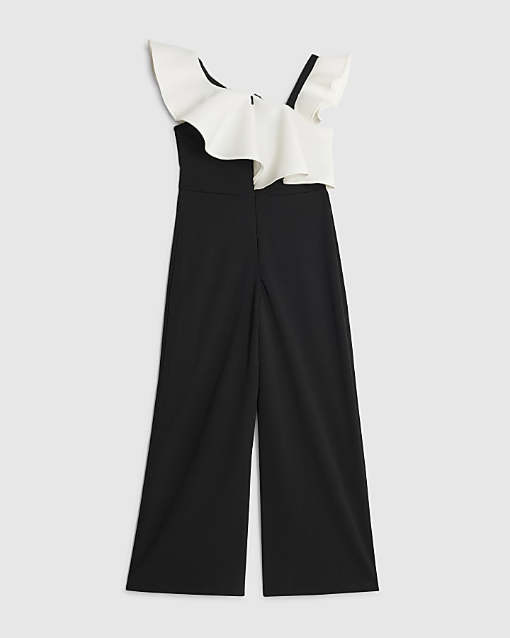 Girls Black Asymmetric Frill Jumpsuit