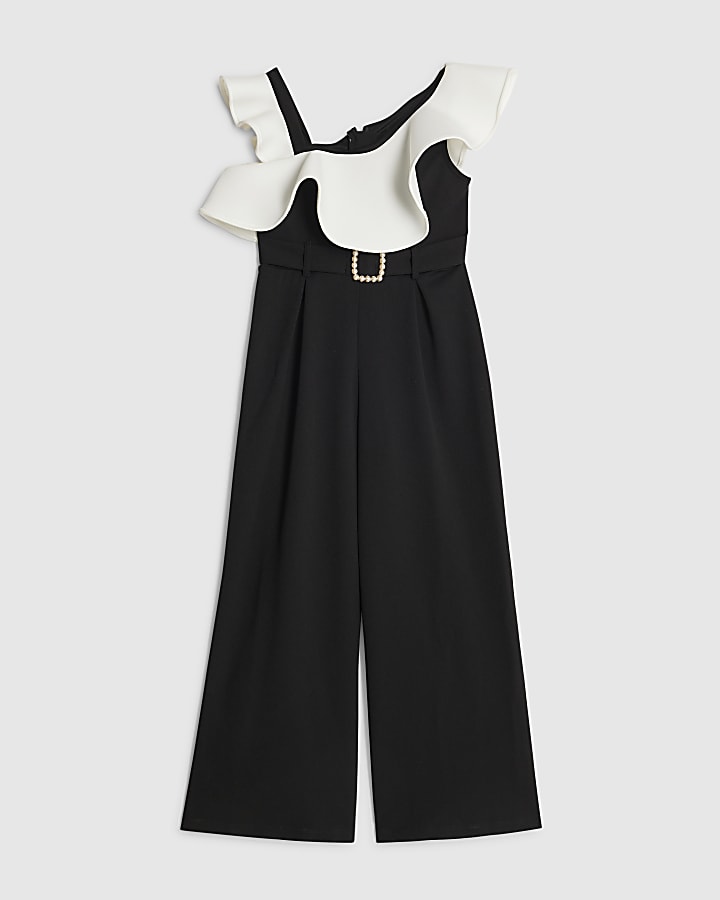 Girls Black Asymmetric Frill Jumpsuit