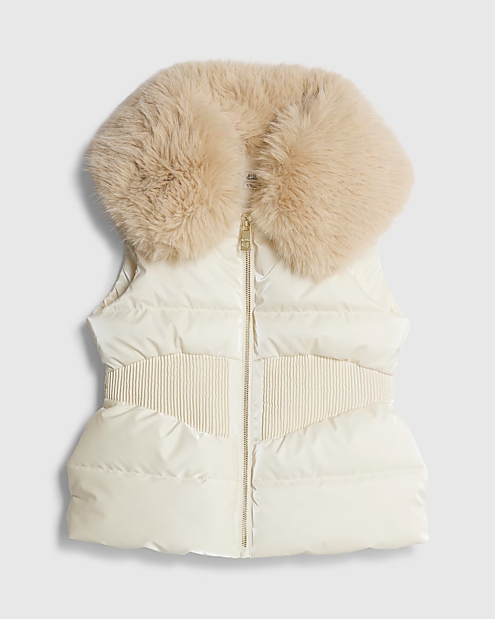 Girls Beige Faux Fur Collar Gilet
