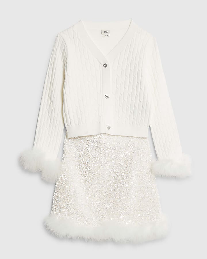 Girls White Sequin Feather Skirt Set