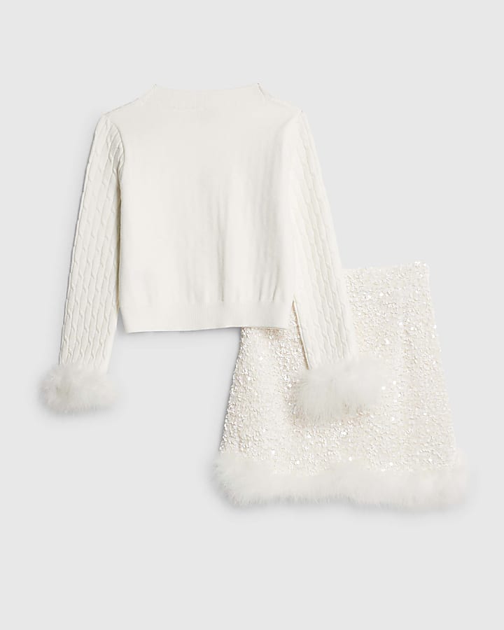 Girls White Sequin Feather Skirt Set