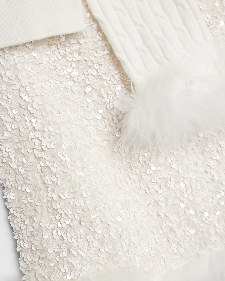 Girls White Sequin Feather Skirt Set
