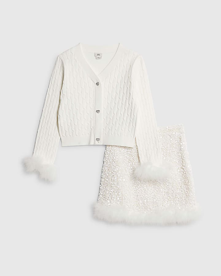 Girls White Sequin Feather Skirt Set