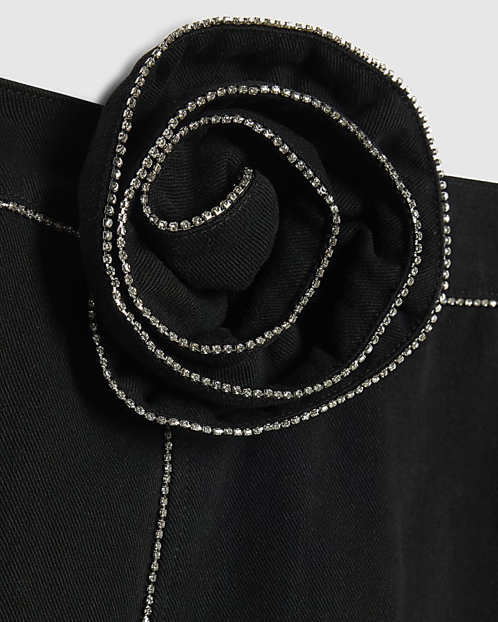 Girls Black Denim Corsage Diamante Skirt