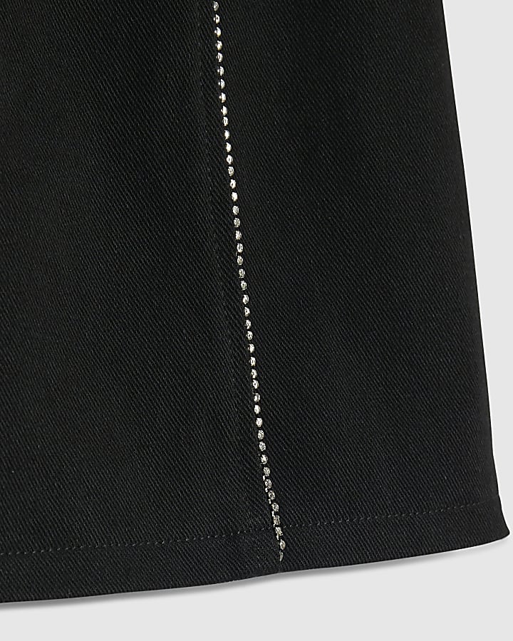 Girls Black Denim Corsage Diamante Skirt