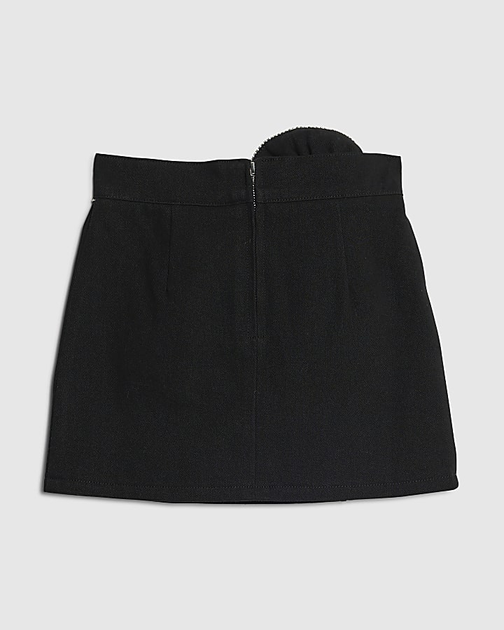 Girls Black Denim Corsage Diamante Skirt