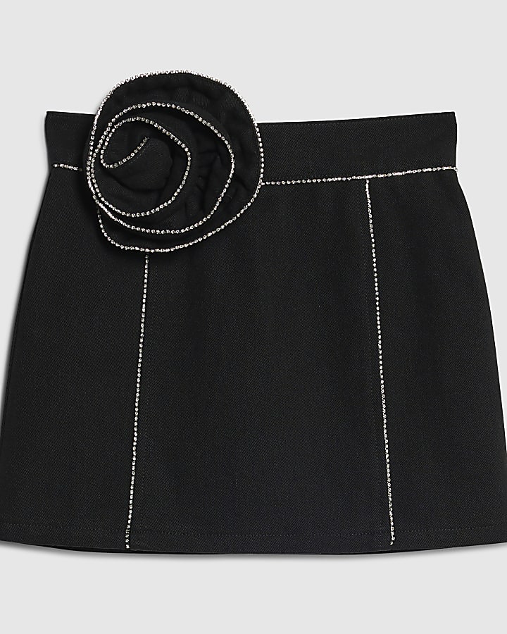 Girls Black Denim Corsage Diamante Skirt