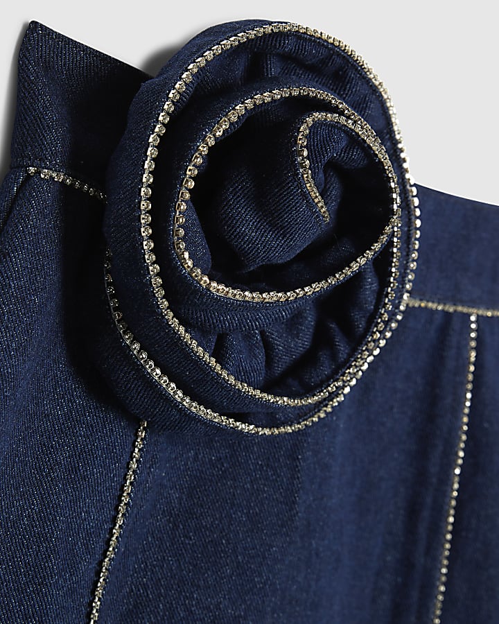 Girls Blue Denim Corsage Diamante Skirt